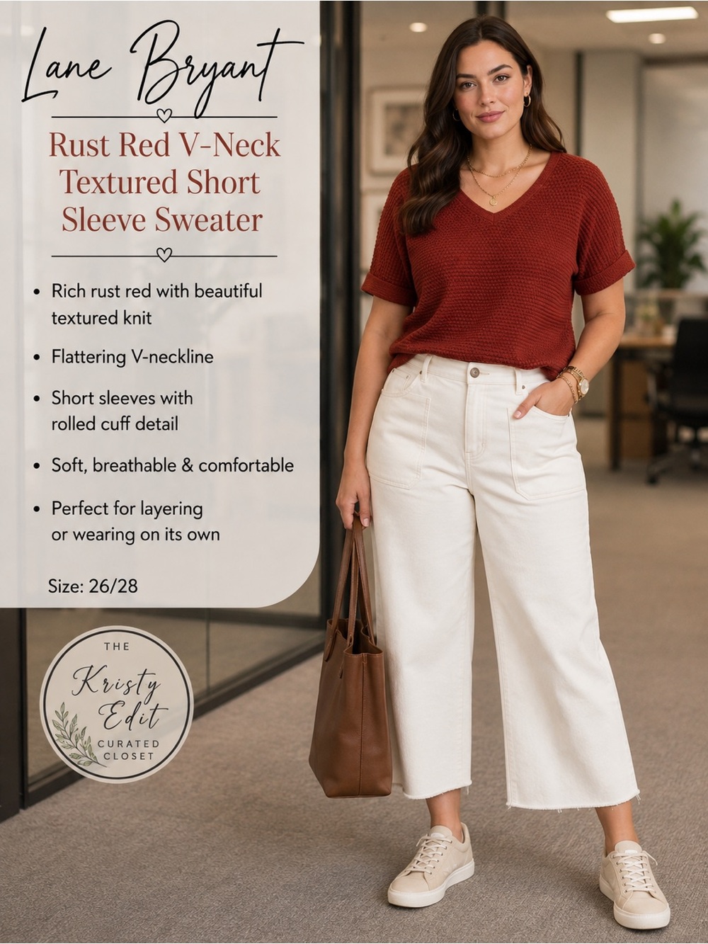 Lane Bryant Rust Red Textured V-Neck Short Sleeve Sweater